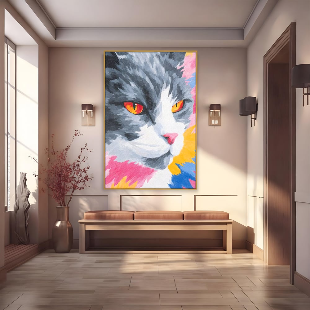 Tablou canvas cu tablou canvas cu portret de pisica, in rama de aluminiu auriu